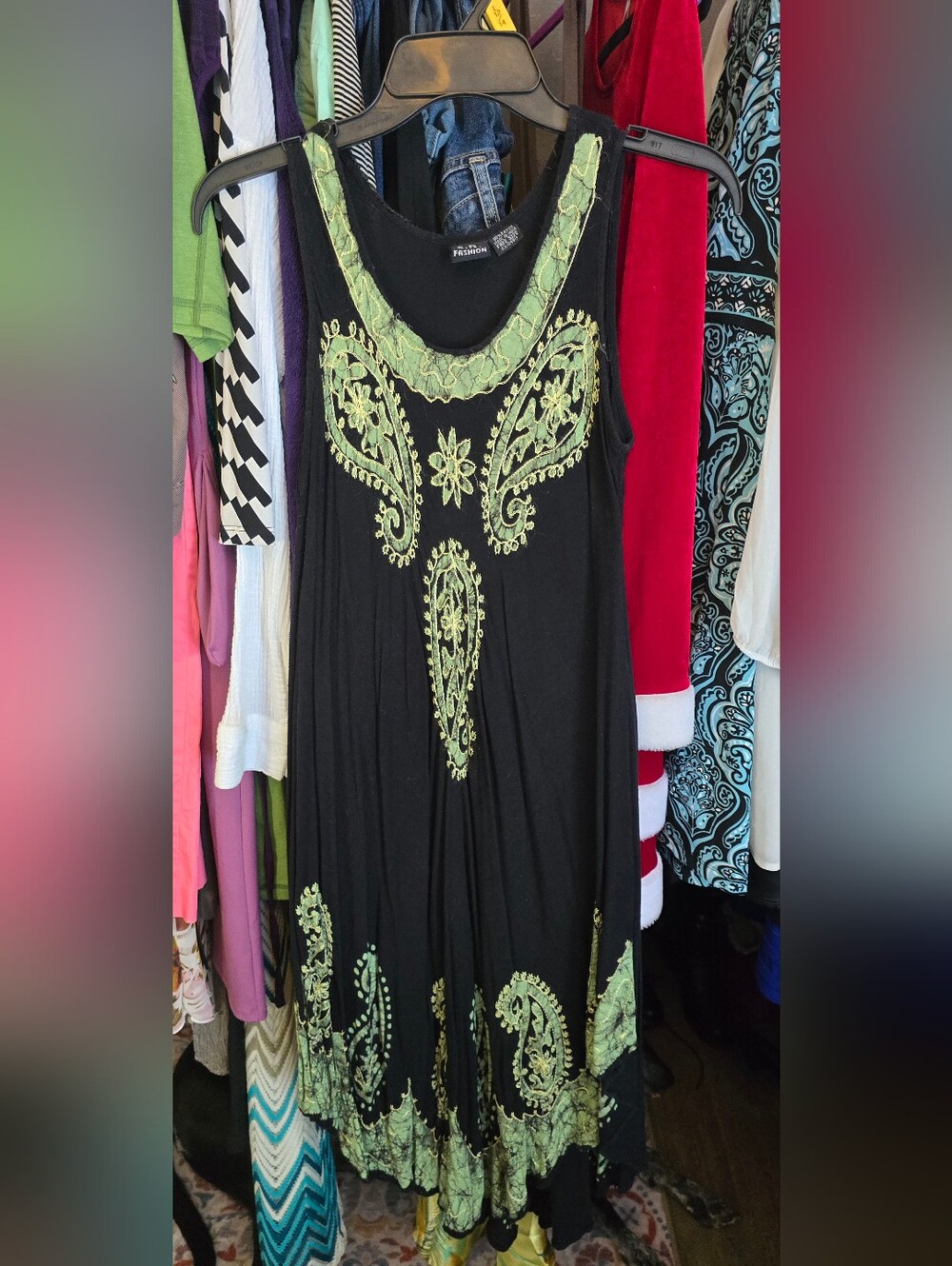 Sleeveless Black Midi Dress with Olive Embroidery - Fashion